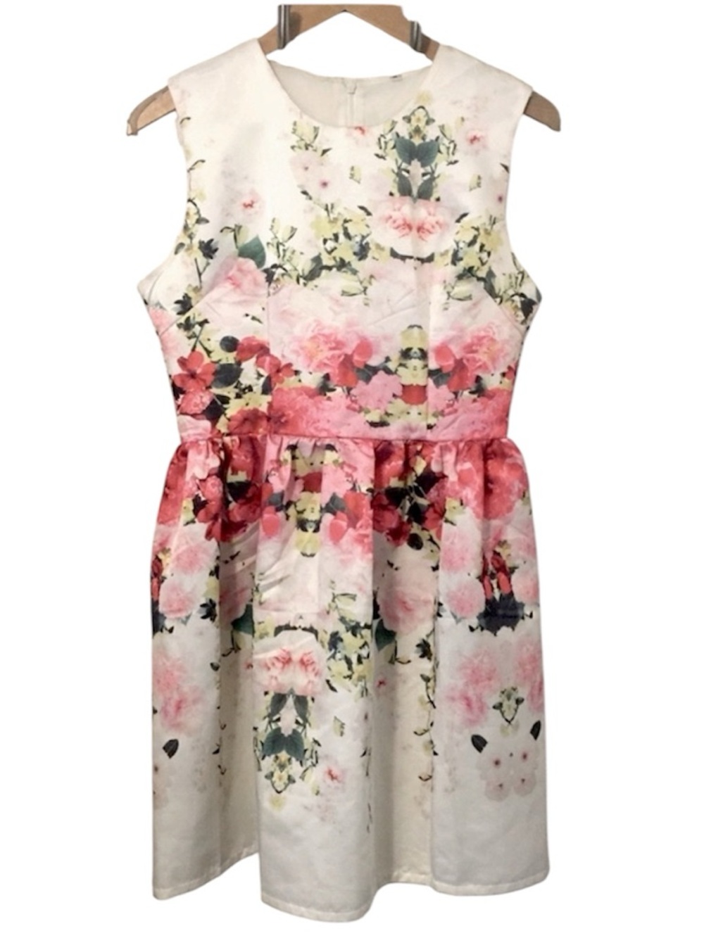 Satin Sleeveless Pink Green & Red Floral Leafy Sheer Sundress Sz M